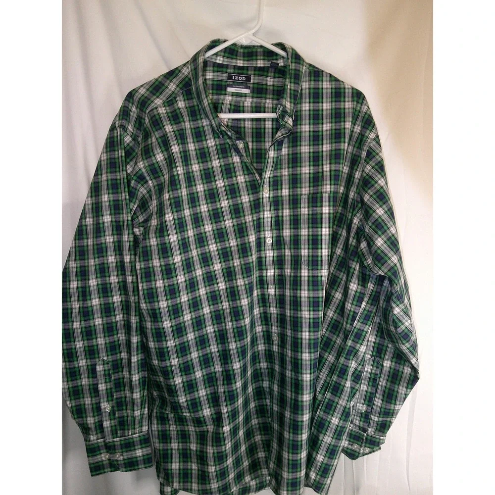 IZOD Plaid All-Over Stretch Button Down Shirt Regular Fit XL 17-17 1/2 34/35